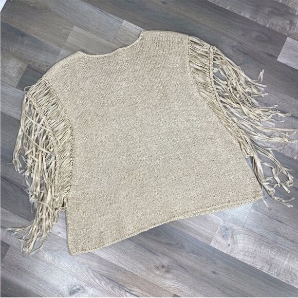 Chico’s Boho Western Tarrin Tape Yarn Fringe Poncho Sweater Taupe Tan Large XL - Picture 8 of 11